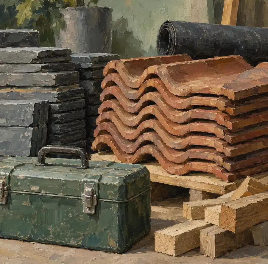 Illustration of roofing businesses equipment and workspace