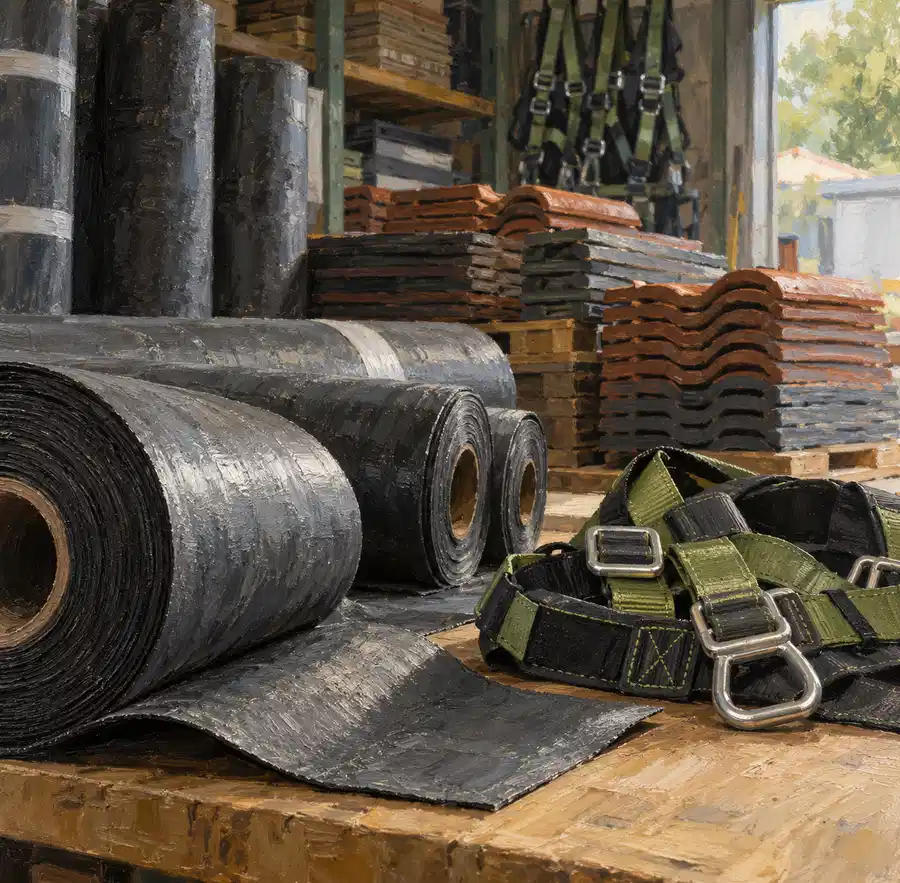 Illustration of roofing businesses equipment and workspace